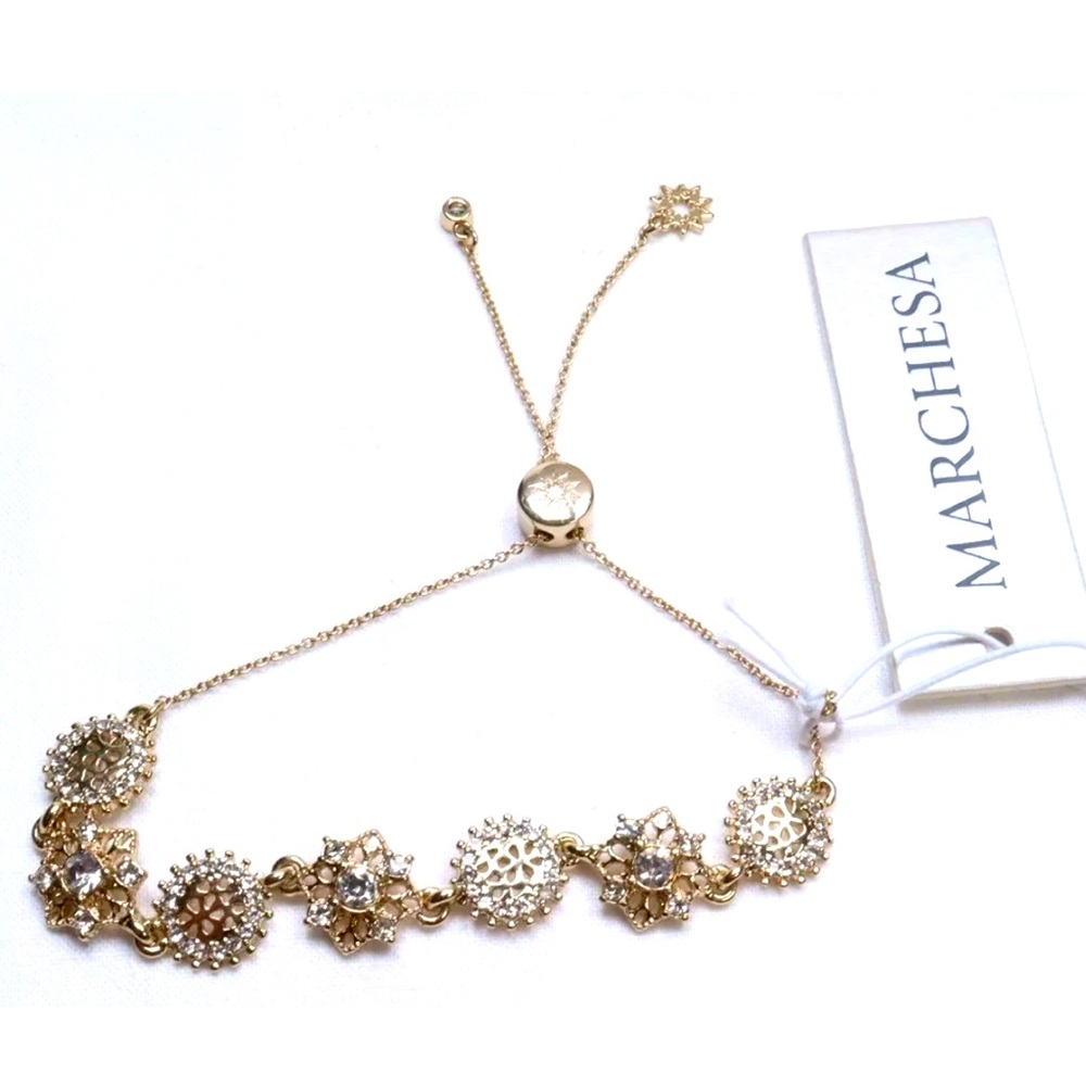 MARCHESA ADJUSTABLE SLUDER BRACELET GOLD TONE WITH CLEAR CRYSTALS NWT - Picture 1 of 5